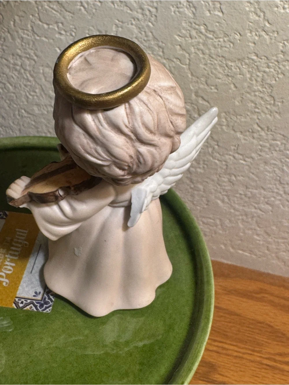 Lefton Pair of Ceramic Angel Figurines with Gold Halos - Cream and Green Accent